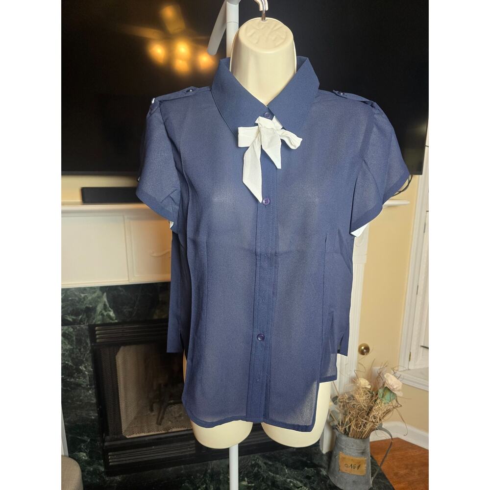 Tulip B Medium Navy Ivory Tie Neck Flutter Sleeve Button Front Blouse NWT - Picture 2 of 7